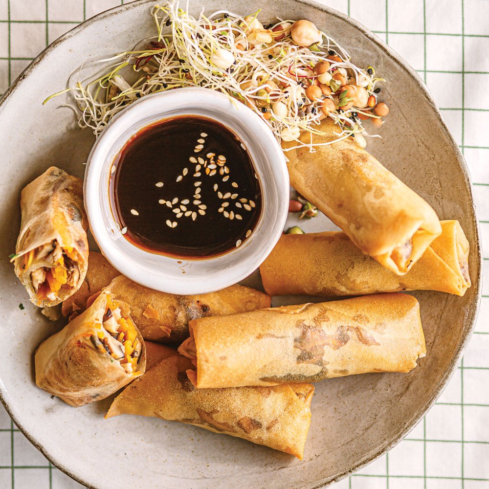Chicken mushroom and sprouts spring rolls