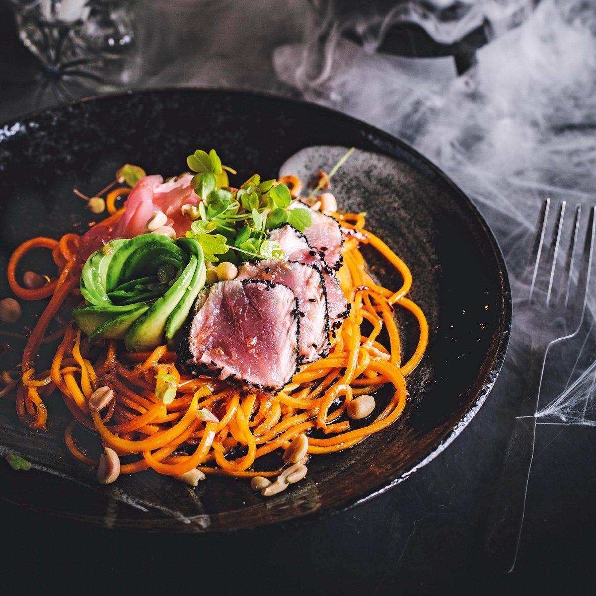 Black sesame crusted tuna with butternut spaghetti