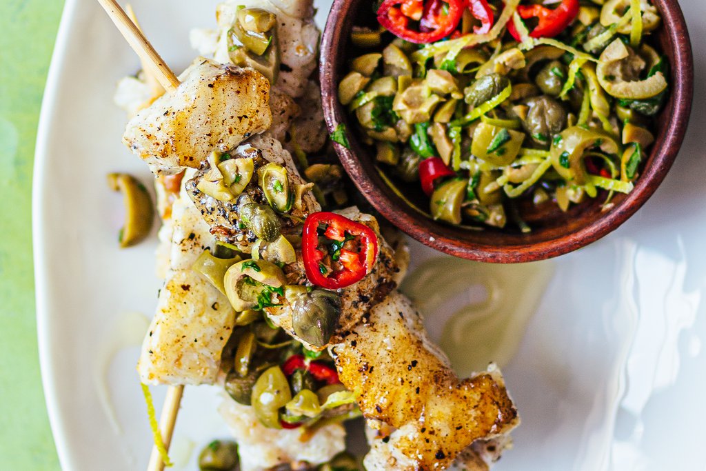 Grilled fish skewers with olive, basil & caper salsa recipe