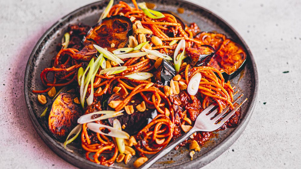Miso and aubergine spaghetti