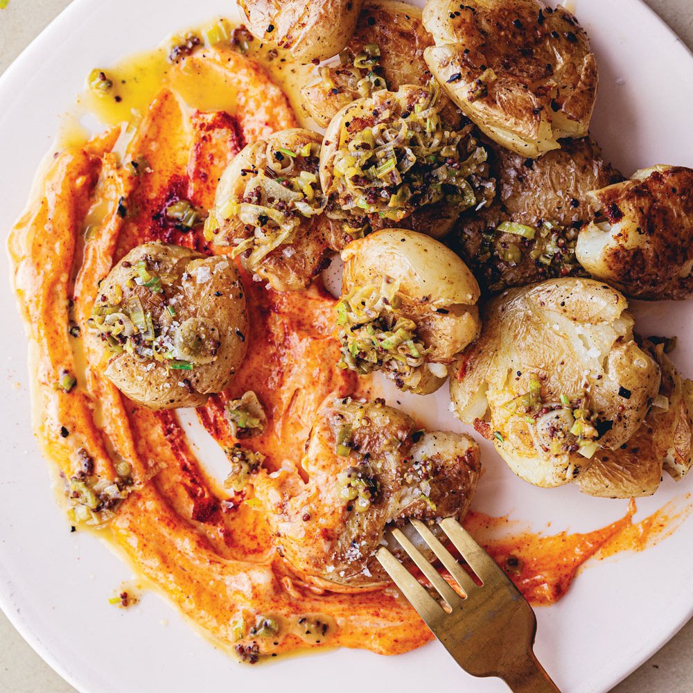 Crushed new potato ‘salad’ with roast garlic aioli