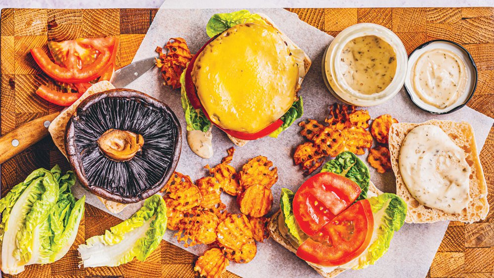 Mushroom "cheddar" melt with crinkle-cut sweet potato fries