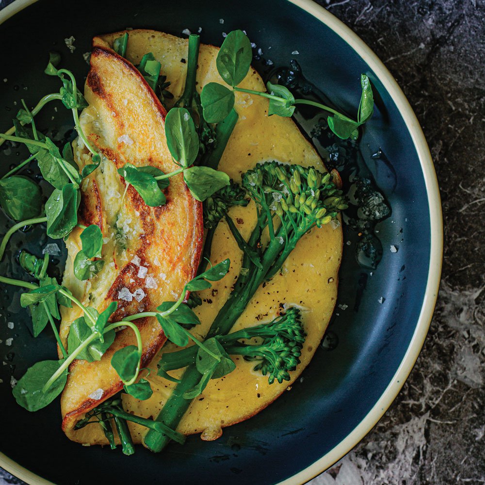 Chickpea omelette with broccolini