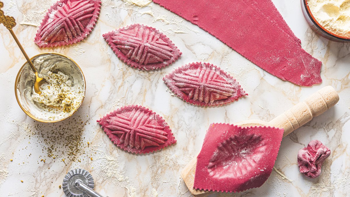 Beetroot maamoul pasta with zaatar-labneh filling