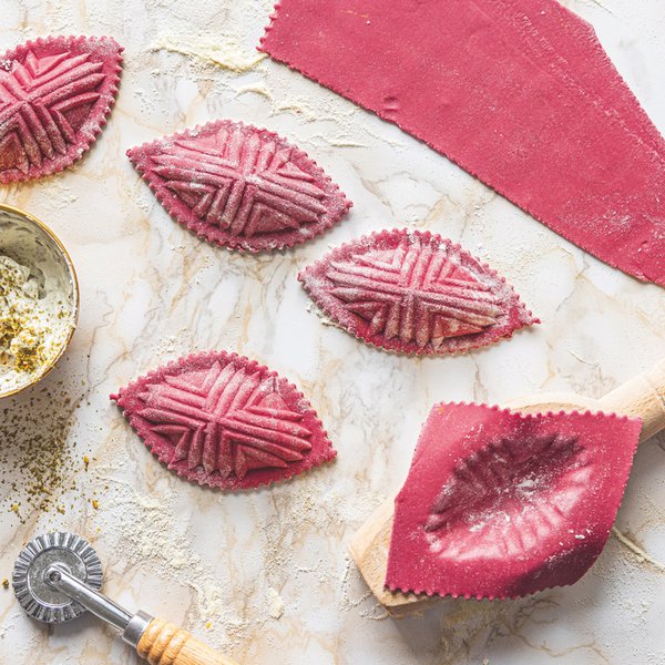 Beetroot maamoul pasta with zaatar-labneh filling