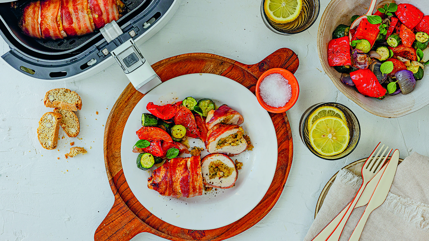 Biscotti-stuffed chicken breasts with roasted Mediterranean vegetables