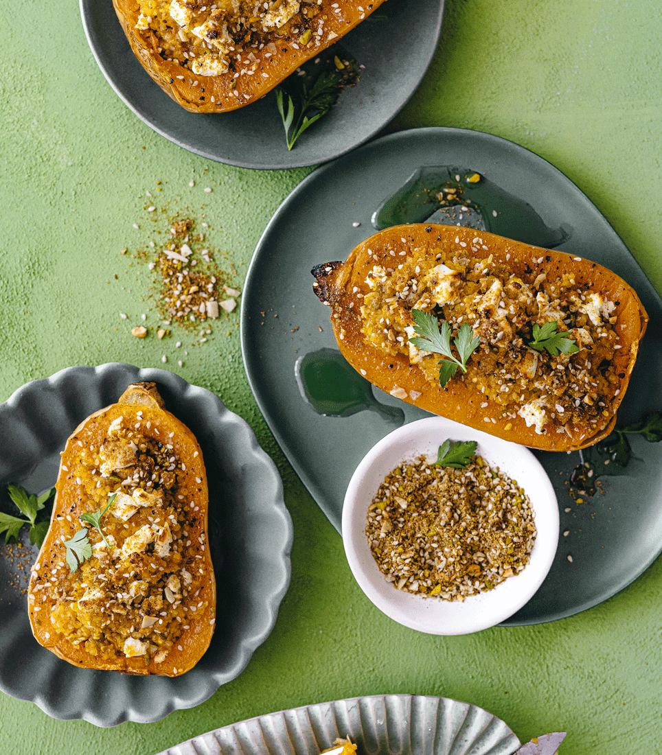 Bulgur-stuffed butternuts with dukkah and feta