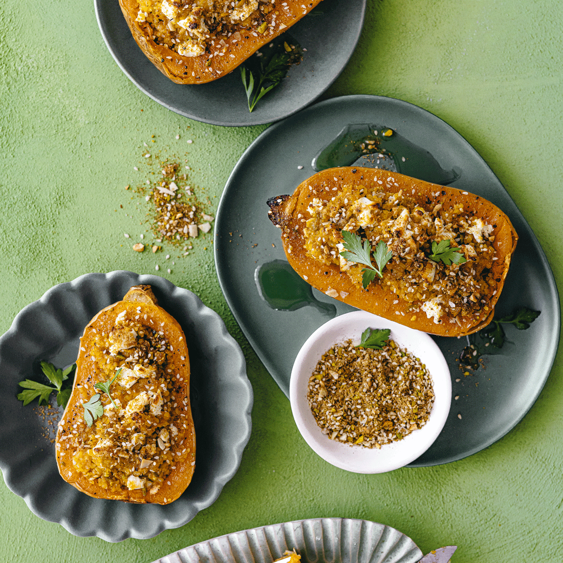 Bulgur-stuffed butternuts with dukkah and feta