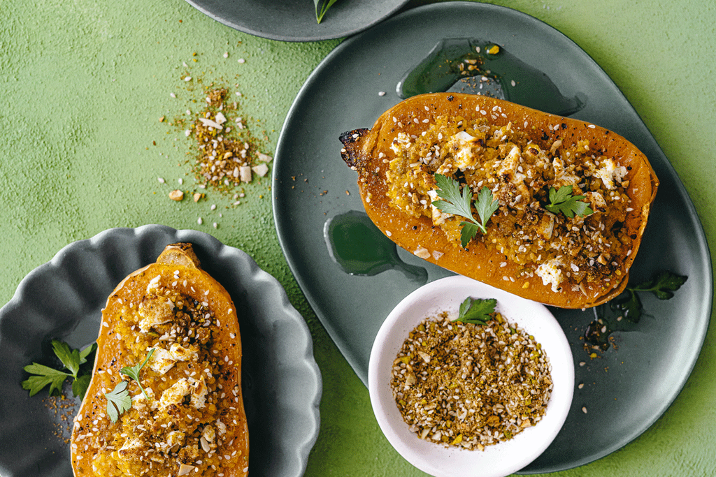 Bulgur-stuffed butternuts with dukkah and feta recipe - Spinneys United ...