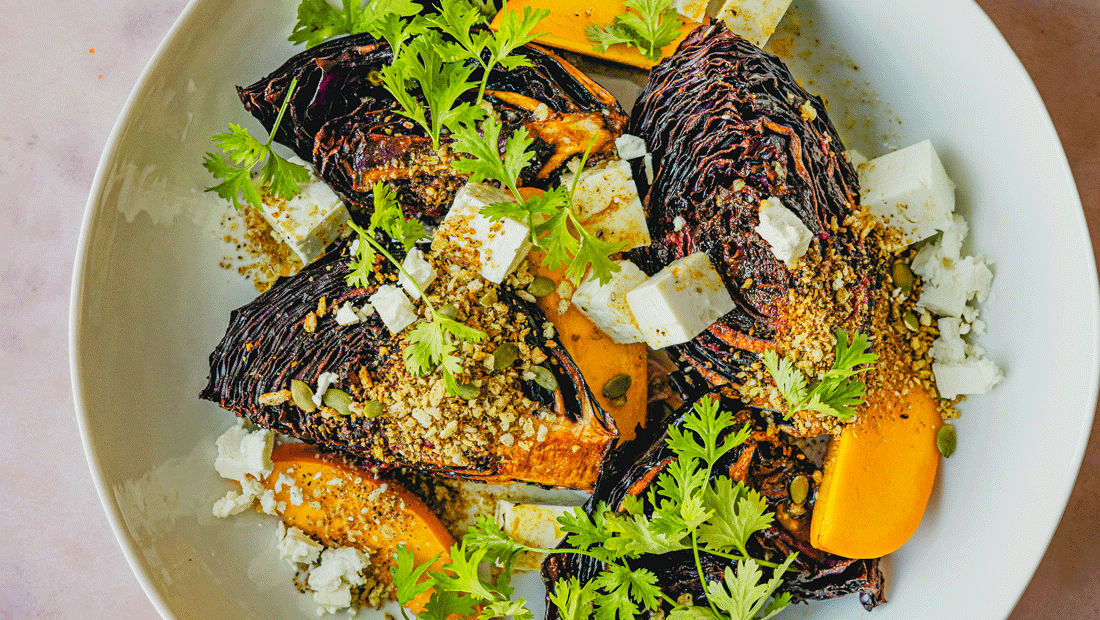 Cabbage, mango and pumpkin seed salad with goat’s cheese and crispy za’atar panko topping