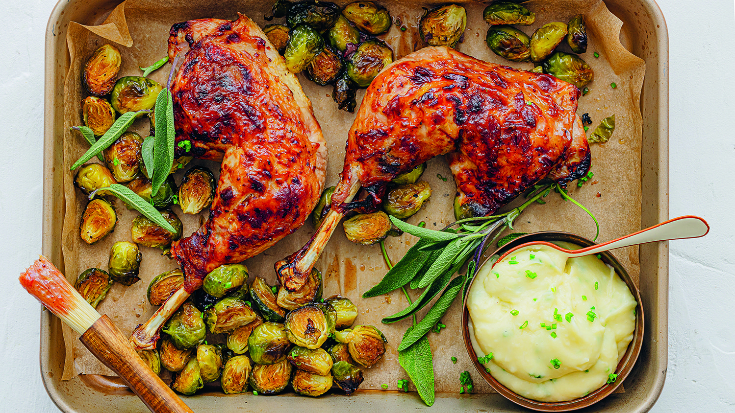 Cranberry-glazed turkey marylands with brussels sprouts