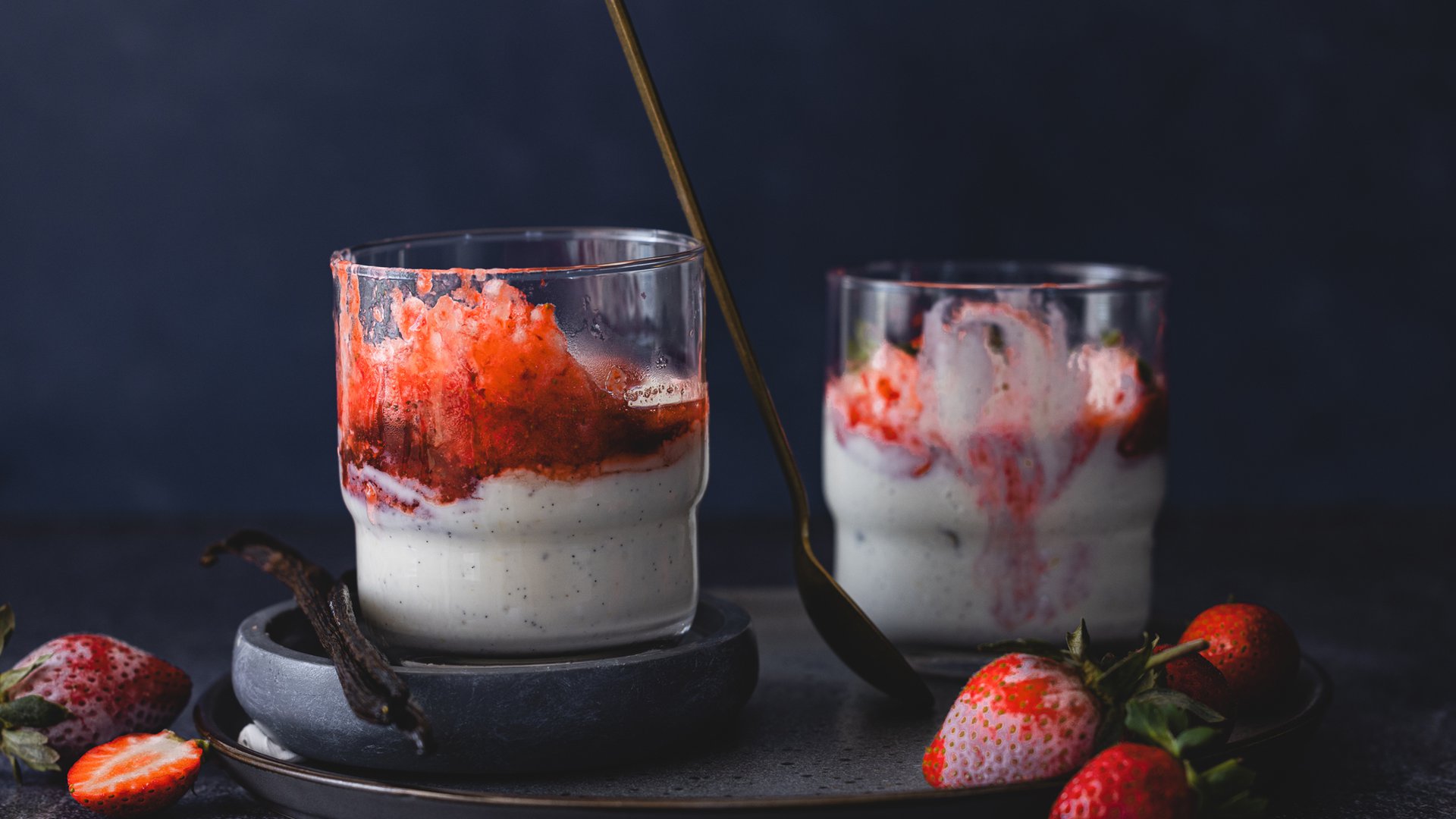 Honey-roasted strawberries with ricotta yoghurt and strawberry granita