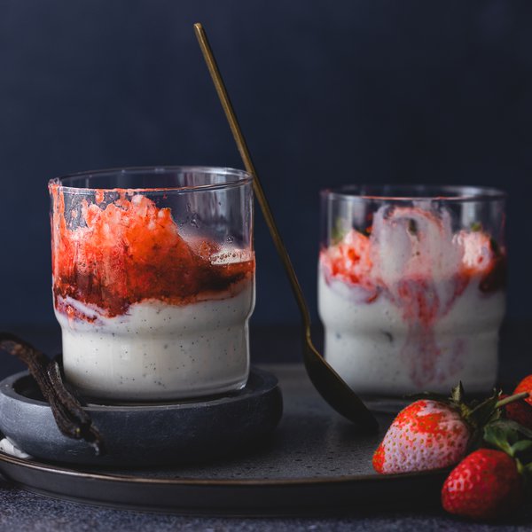 Honey-roasted strawberries with ricotta yoghurt and strawberry granita