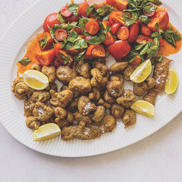 Falafel-battered mushrooms with tomato-parsley salad