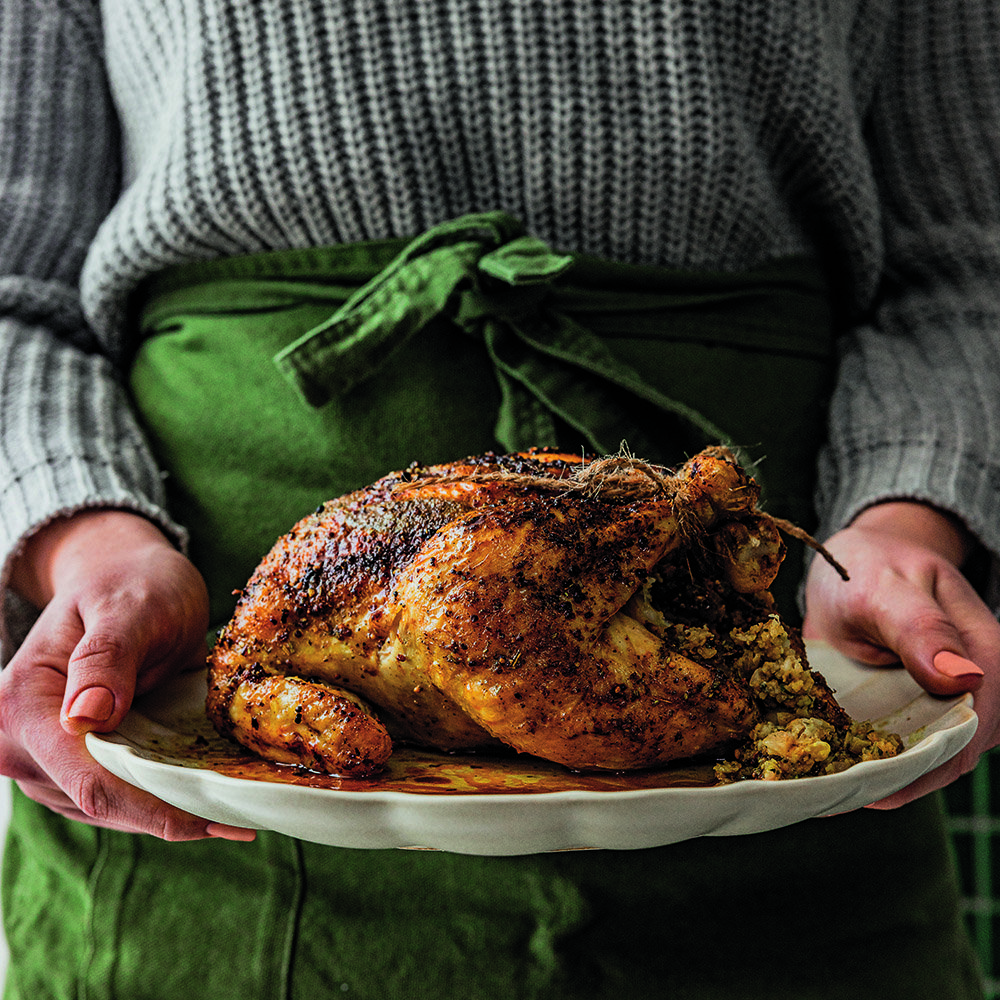 Falafel-stuffed roasted chicken