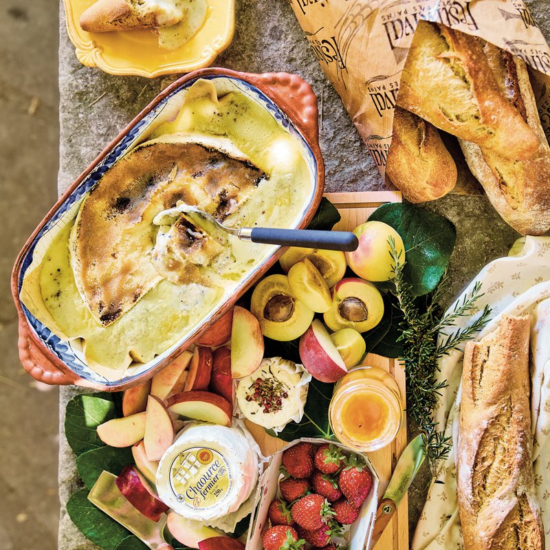 French cheese platter with brûléed Brie de Meaux