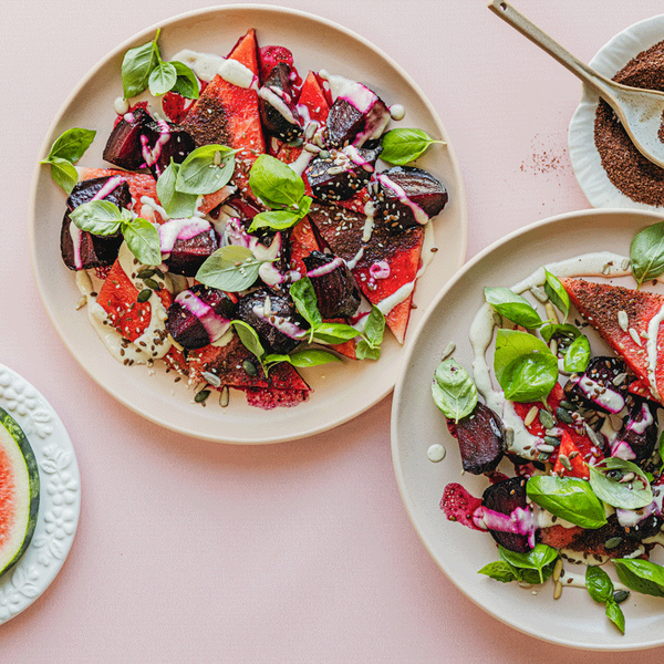 Honey-roasted beetroot with sumac watermelon and creamy cashew dressing