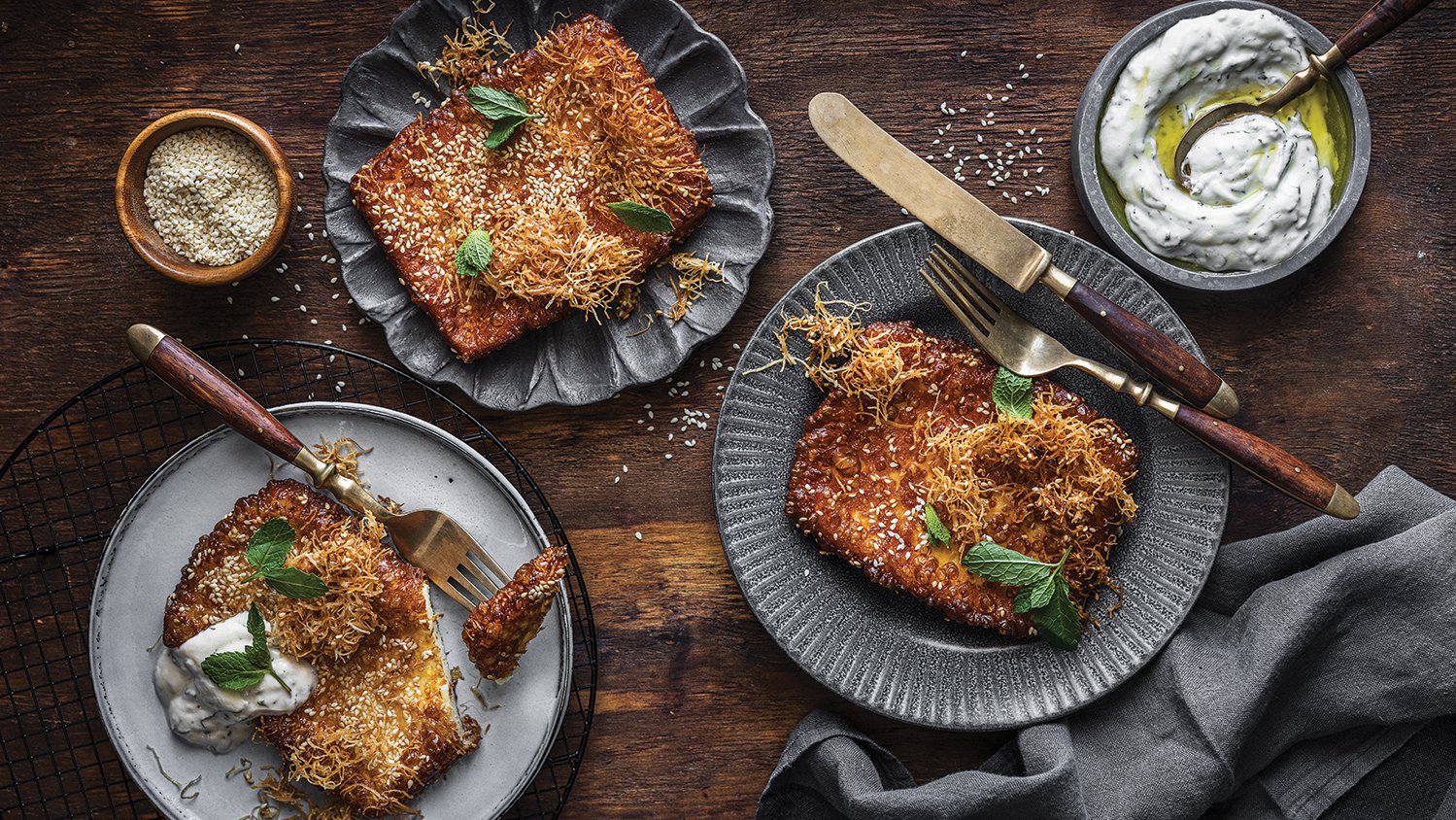 Kataifi-crusted fried halloumi with mint-yoghurt dip