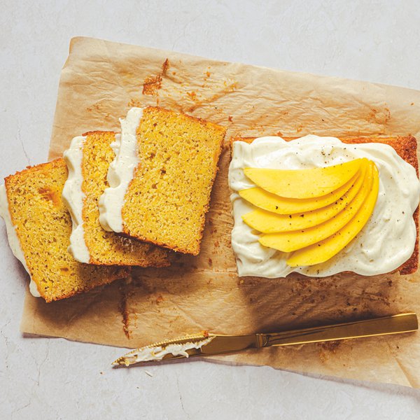 Mango and black pepper ghee cake with cardamom icing