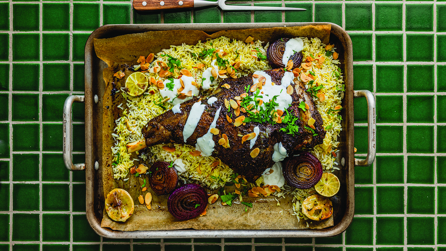 Mansaf-style roasted leg of lamb with spiced saffron rice