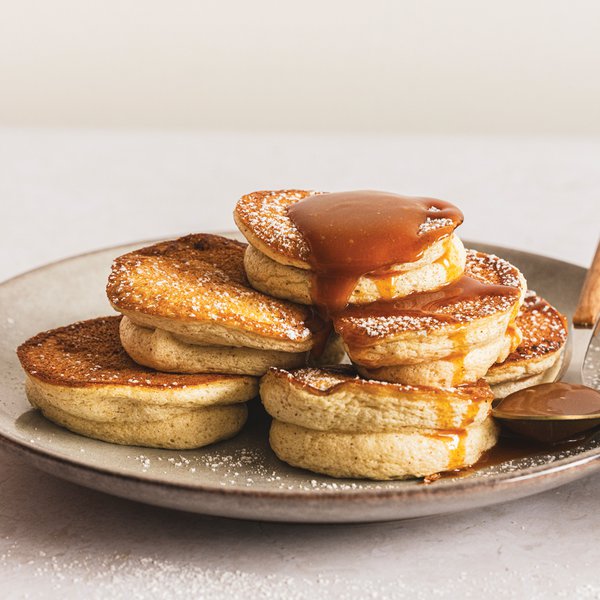 Mini soufflé pancakes with miso caramel sauce