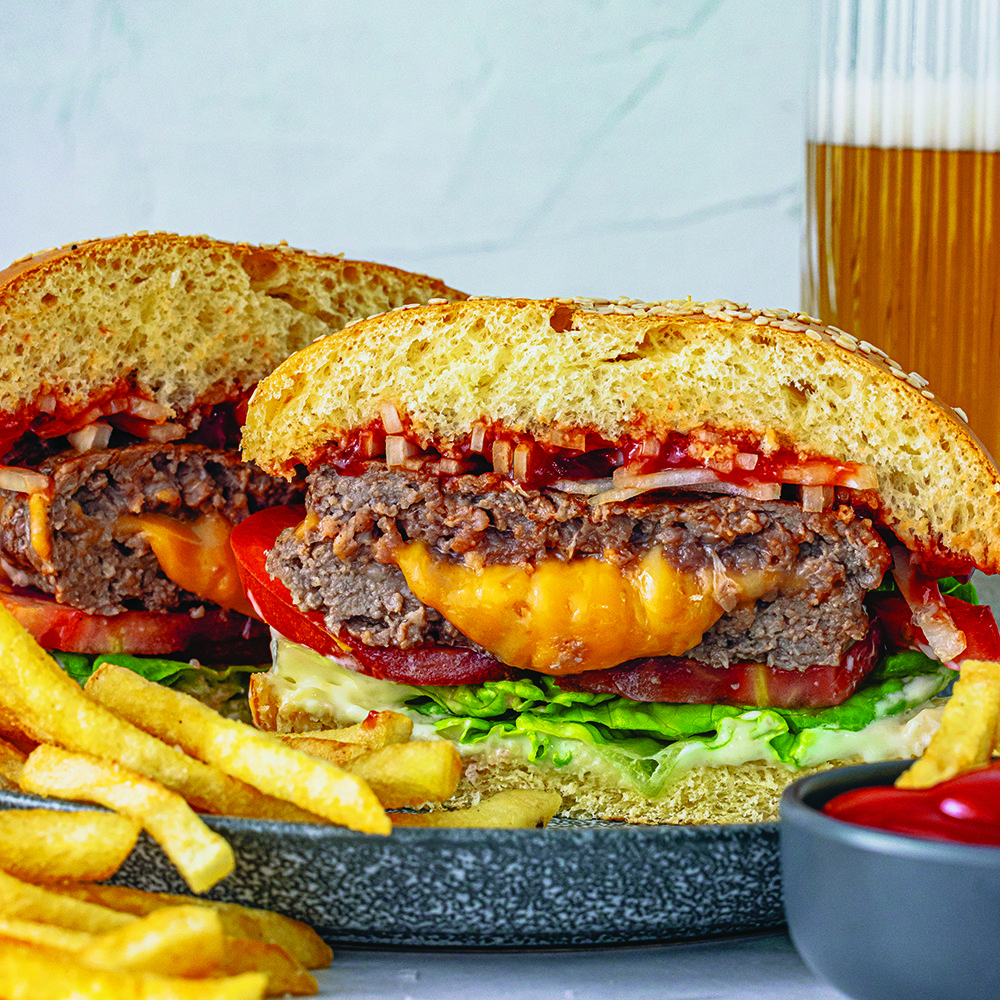 Minneapolis-style juicy lucy burger with thin-cut fries