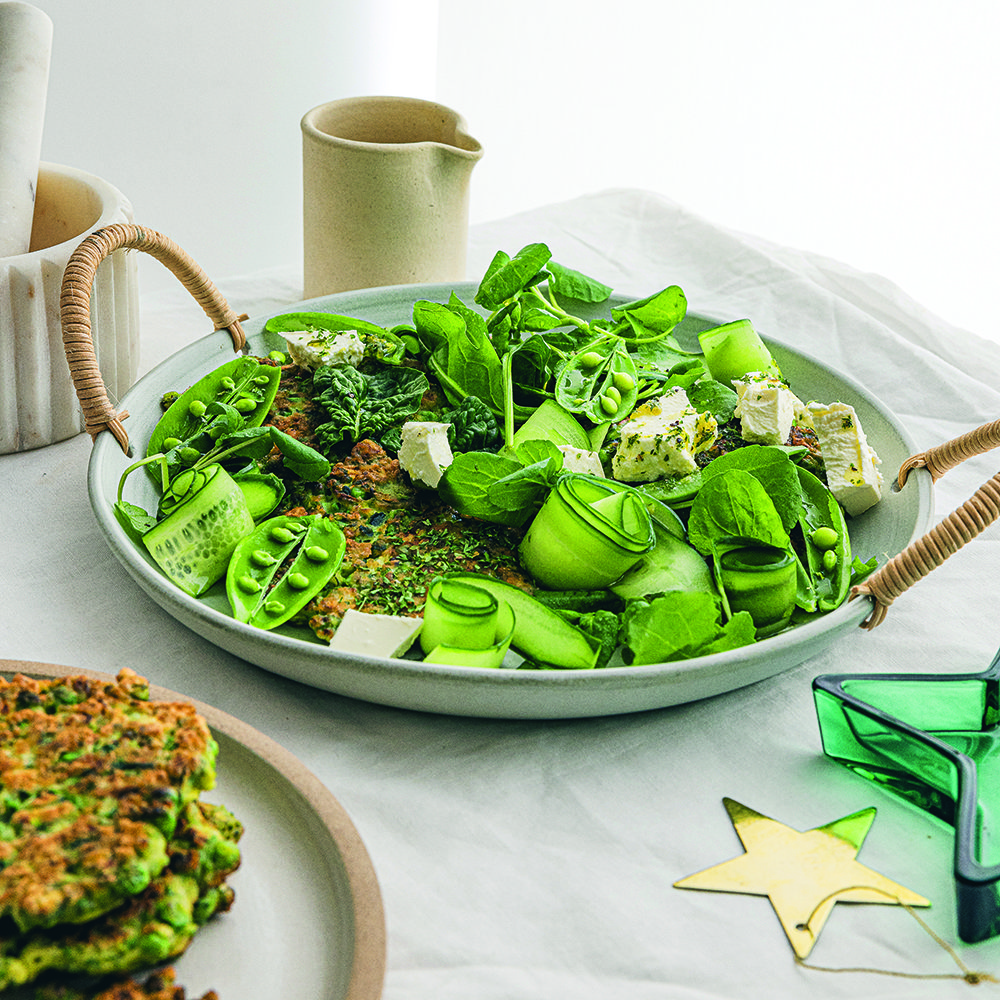 Minted pea, parsley and courgette fritter salad