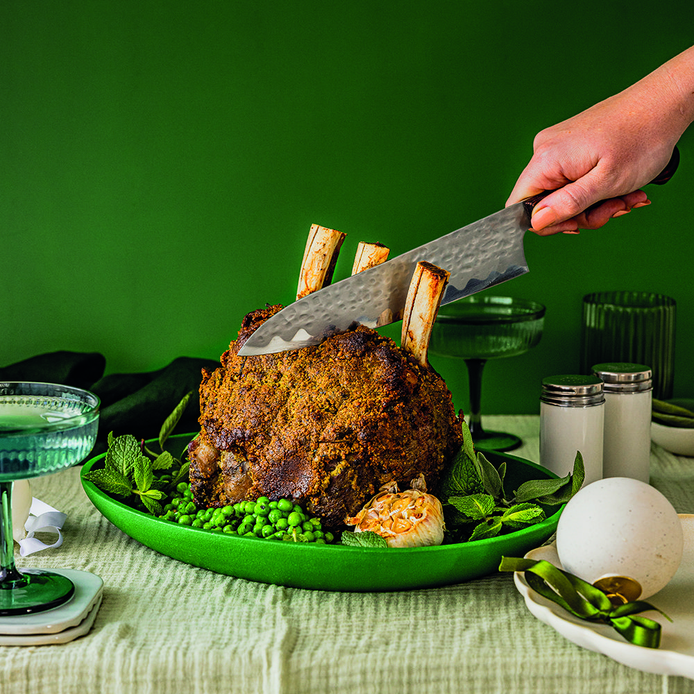 Pistachio and herb-crusted roast beef with mint peas