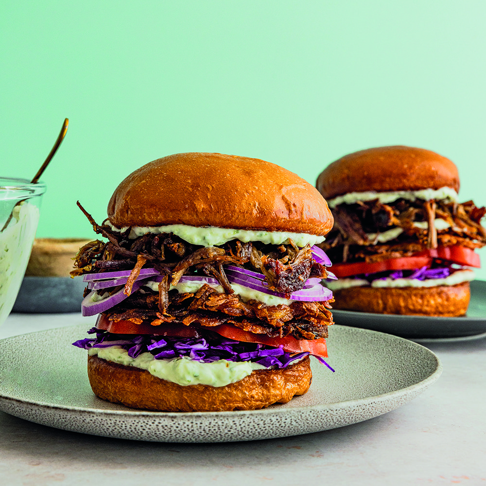 Pulled lamb and potato rosti burger