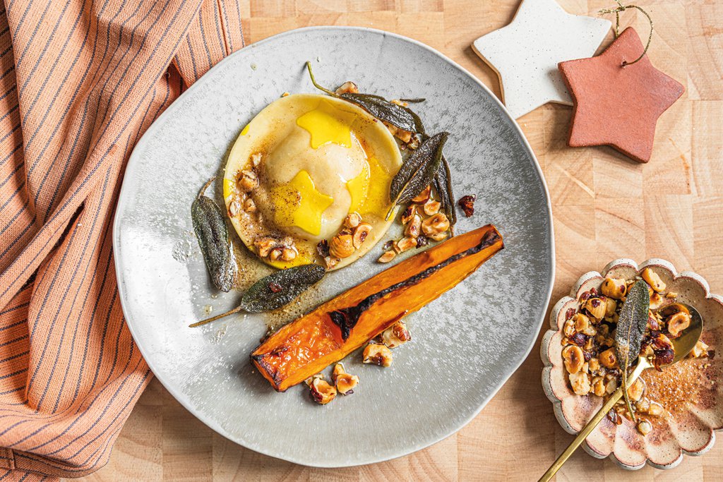 Pumpkin and hazelnut star ravioli with maple butter sauce recipe ...