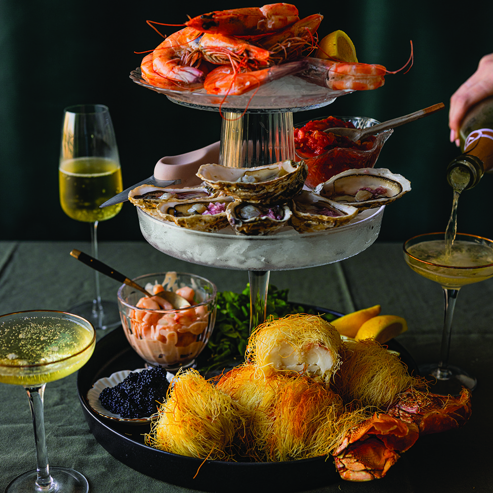 Seafood tower with kunafa-wrapped lobster tails