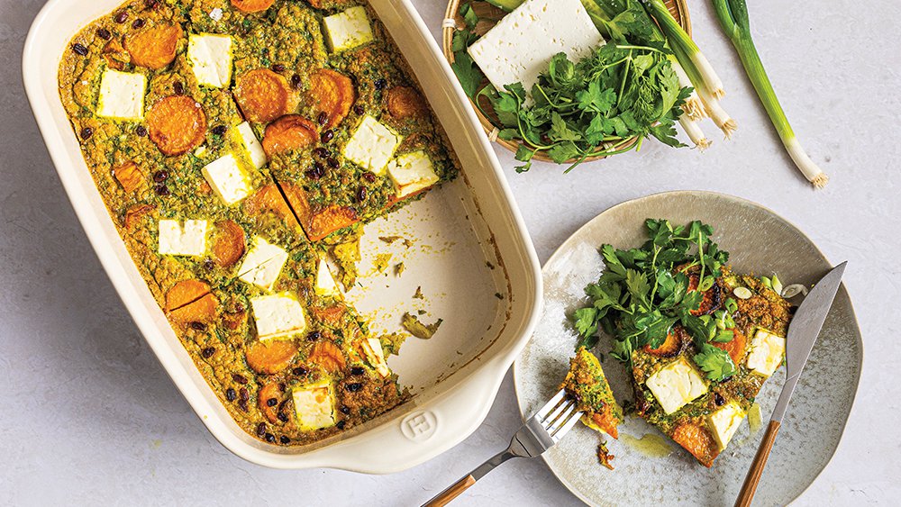 Sheetpan sweet potato kuku sabzi