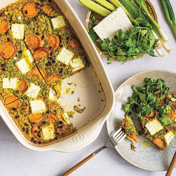 Sheetpan sweet potato kuku sabzi