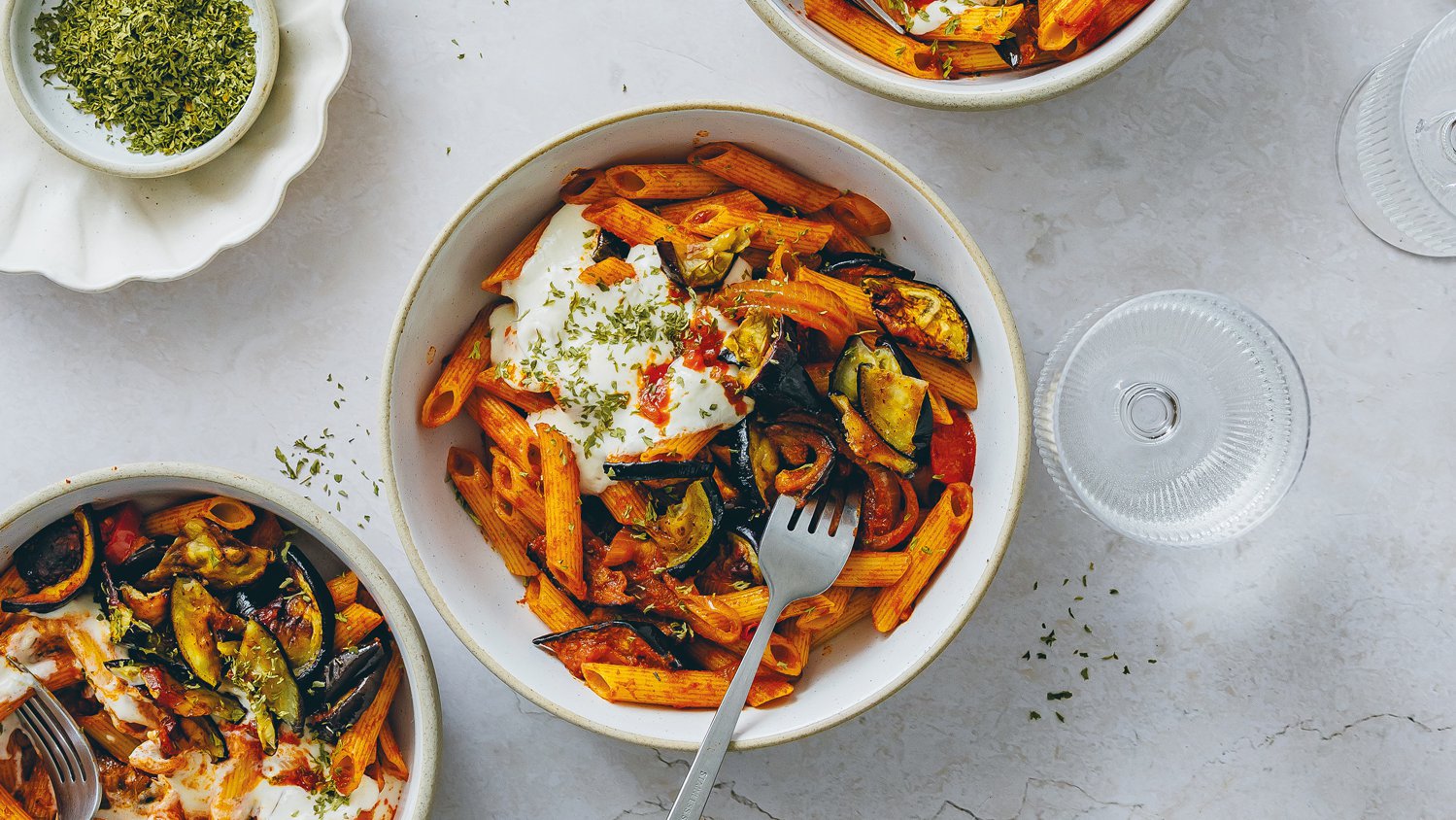 Spicy aubergine borani pasta