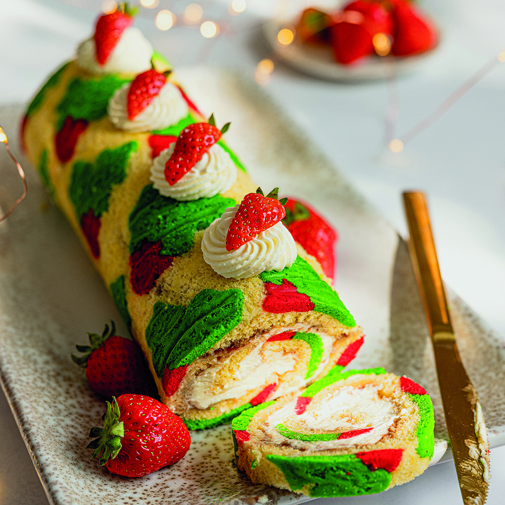 Strawberry and mascarpone holly roulade