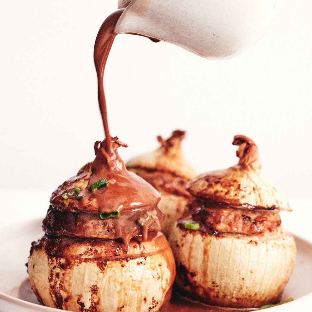 Stuffed onions in miso butter sauce