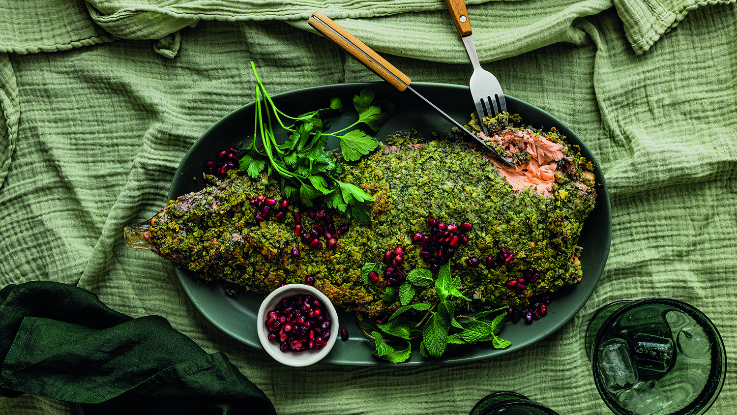 Tahini herb baked salmon with pomegranate and walnut