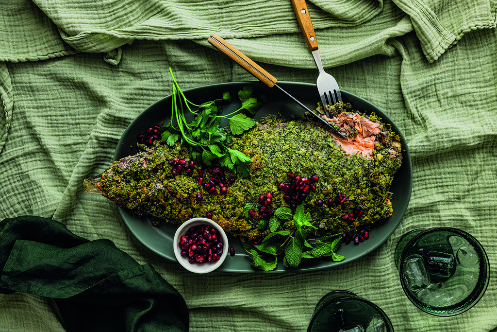 Tahini herb baked salmon with pomegranate and walnut recipe - Spinneys UAE