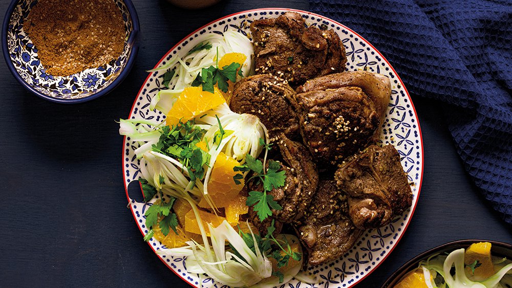 Zaatar butter pan-fried lamb chops with fennel-orange salad