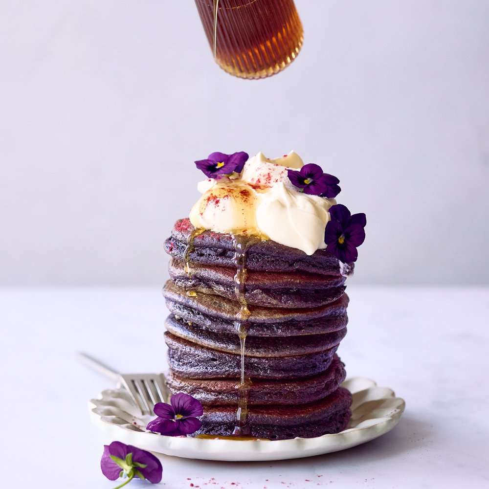 Açaí pancakes with whipped coconut and salted maple syrup