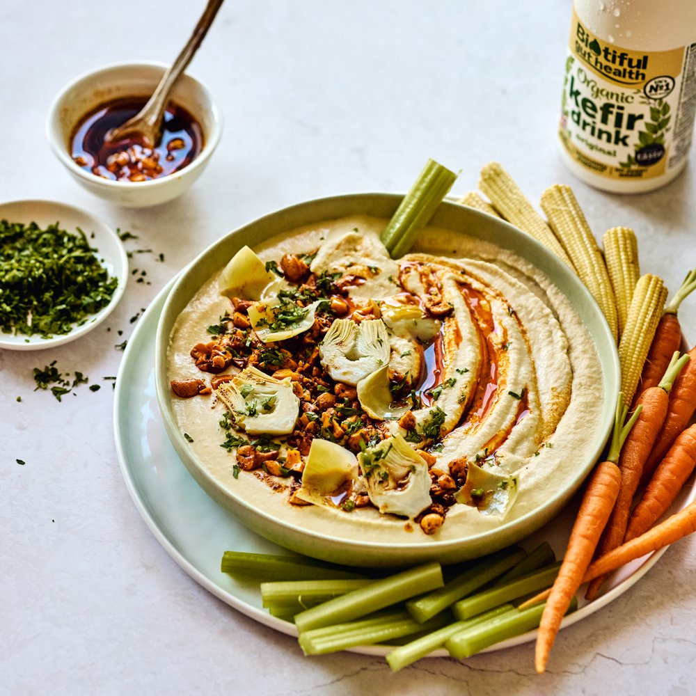 Artichoke, butter bean and Biotiful kefir dip with smoked paprika oil