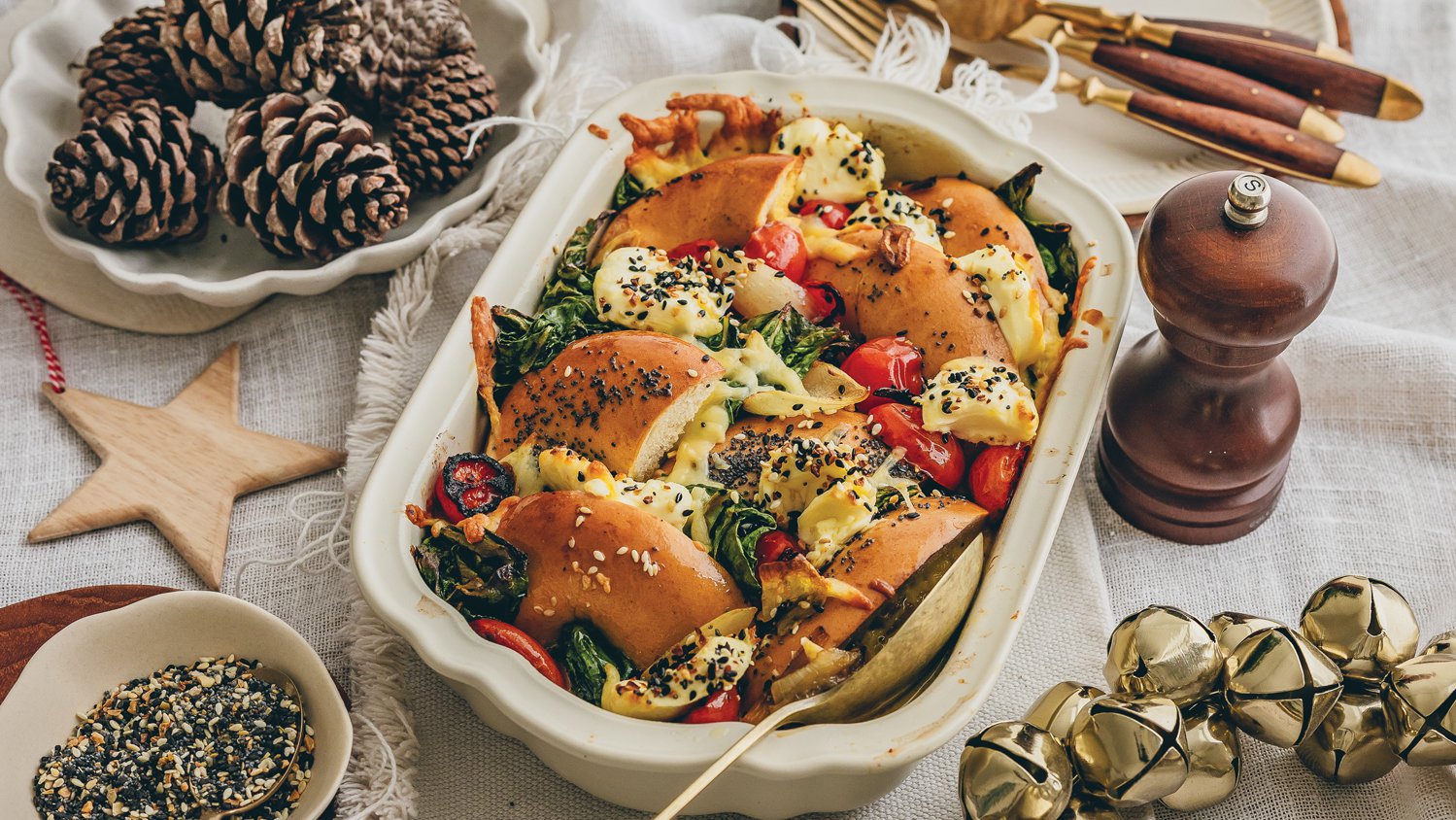 Bagel, cream cheese and sausage breakfast bake