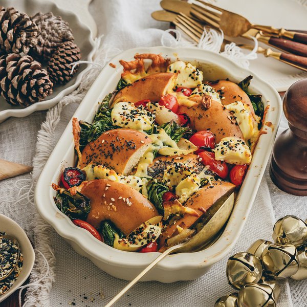 Bagel, cream cheese and sausage breakfast bake