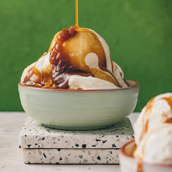 Balsamic butterscotch sauce with vanilla gelato