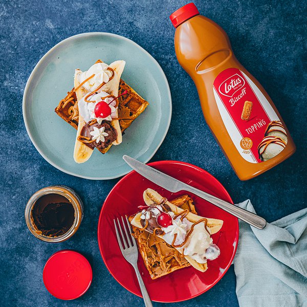 Banana split waffles with whipped cream cheese