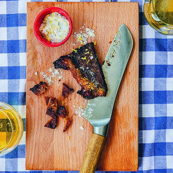 Beef crackling with lemon-fennel salt