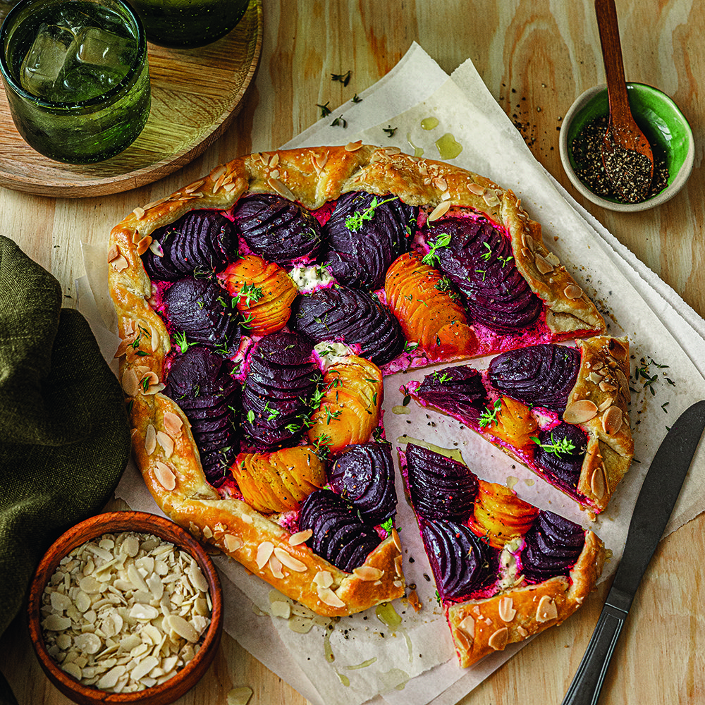 Beetroot, thyme and cottage cheese galette
