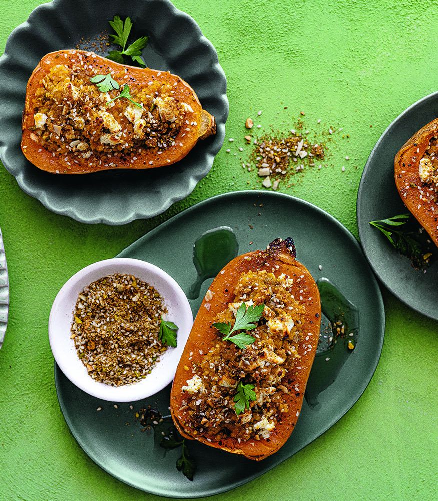 Bulgur-stuffed butternuts with dukkah and feta