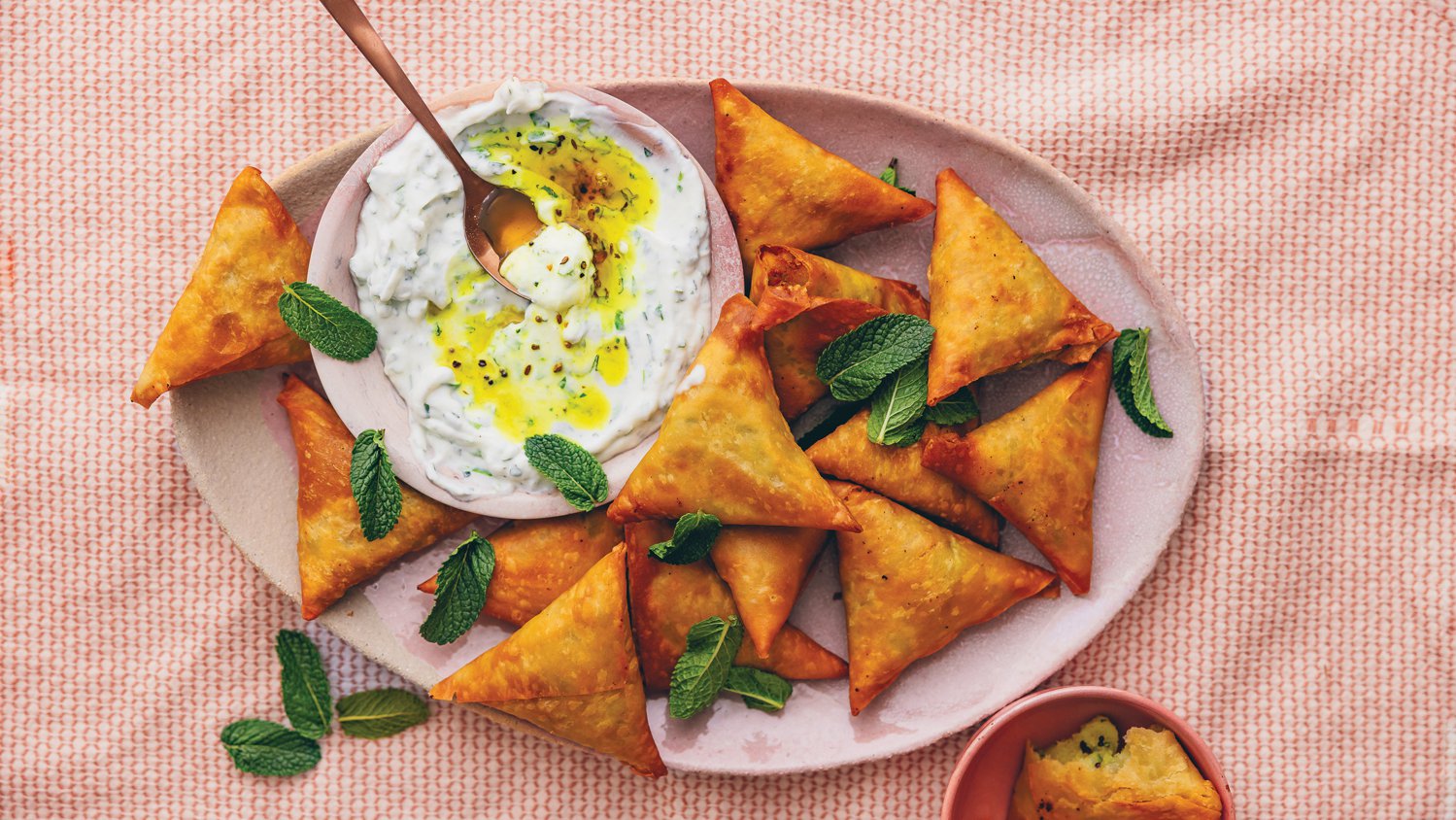 Cape Malay potato samoosas with coriander-mint yoghurt