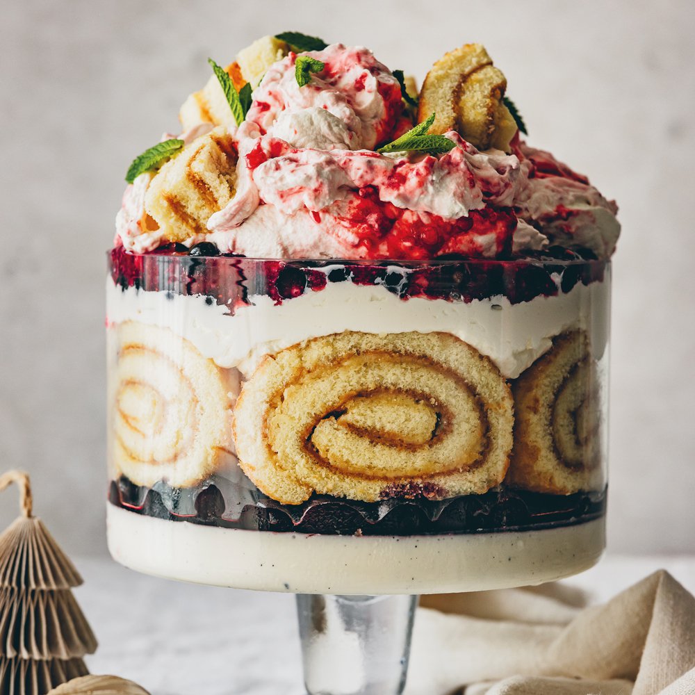 Cherry berry trifle with vanilla yoghurt panna cotta